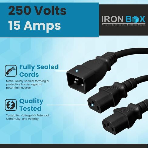 Ironbox Electric أسود IEC C20 إلى 2x C13 y سلك الخائن - 3 قدم (1 قدم الساق) - 15A/250V - 14/3 AWG - تقسيم منفذ الطاقة في UL - كابل تمديد الطاقة الثقيل للمراقبة ، الكمبيوتر والمزيد (4 أقدام) in Saudi Arabia