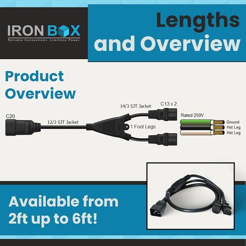 Ironbox Electric أسود IEC C20 إلى 2x C13 y سلك الخائن - 3 قدم (1 قدم الساق) - 15A/250V - 14/3 AWG - تقسيم منفذ الطاقة في UL - كابل تمديد الطاقة الثقيل للمراقبة ، الكمبيوتر والمزيد (4 أقدام) in Saudi Arabia