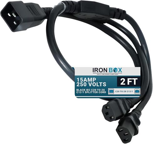 Ironbox Electric أسود IEC C20 إلى 2x C13 y سلك الخائن - 3 قدم (1 قدم الساق) - 15A/250V - 14/3 AWG - تقسيم منفذ الطاقة في UL - كابل تمديد الطاقة الثقيل للمراقبة ، الكمبيوتر والمزيد (4 أقدام) in Saudi Arabia