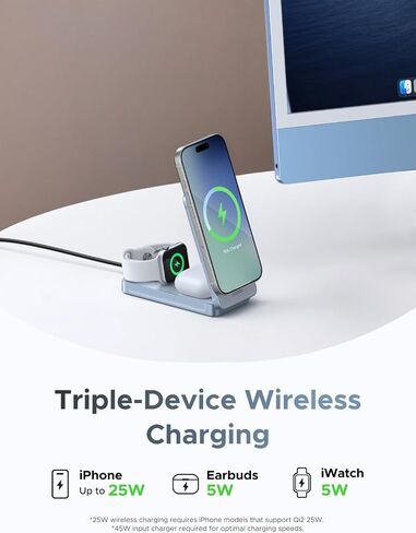 UGREEN 25W 3-in-1 Foldable Magflow Wireless Charger, Qi2 Magsafe Travel Charger for iPhone 16/15/14/13/12 AirPods and Apple Watch, Ultra-Compact Pocket-Size Charging Pad in Saudi Arabia