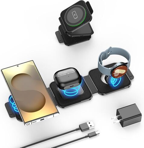 Multi Travel Charger for Samsung, Foldable Wireless Watch Charger for Galaxy Watch 8/Ultra/7/6/5 Pro/Active 2, Mag-Safe Charging Pad for S25/S24/S23/S22 (+/Ultra), for Buds3 Pro(Carbon Black) in Kuwait