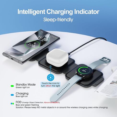 Multi Travel Charger for Samsung, Foldable Wireless Watch Charger for Galaxy Watch 8/Ultra/7/6/5 Pro/Active 2, Mag-Safe Charging Pad for S25/S24/S23/S22 (+/Ultra), for Buds3 Pro(Carbon Black) in Kuwait
