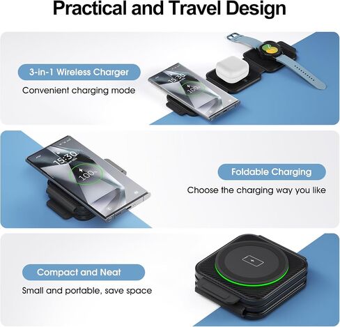 Multi Travel Charger for Samsung, Foldable Wireless Watch Charger for Galaxy Watch 8/Ultra/7/6/5 Pro/Active 2, Mag-Safe Charging Pad for S25/S24/S23/S22 (+/Ultra), for Buds3 Pro(Carbon Black) in Kuwait