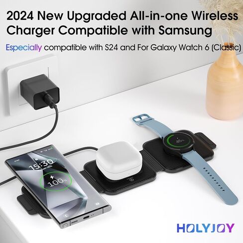 Multi Travel Charger for Samsung, Foldable Wireless Watch Charger for Galaxy Watch 8/Ultra/7/6/5 Pro/Active 2, Mag-Safe Charging Pad for S25/S24/S23/S22 (+/Ultra), for Buds3 Pro(Carbon Black) in Kuwait