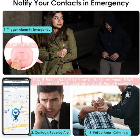 5-in-1 Smart Personal Alarms for Women, 130dB Sound, Notify Emergency Contacts by Email/SMS/Call, GPS Tracker and Audio Recording, Key Finder, Phone Anti-Lost, Timer Alarm, Bluetooth Connect in Kuwait