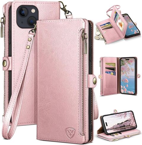 XcaseBar for iPhone 15 Plus 6.7" Wallet case with Zipper Credit Card Holder RFID Blocking,Flip Folio Book PU Leather Shockproof Strap Protective Cover Women Men for Apple 15Plus Phone case Wine Red in Kuwait