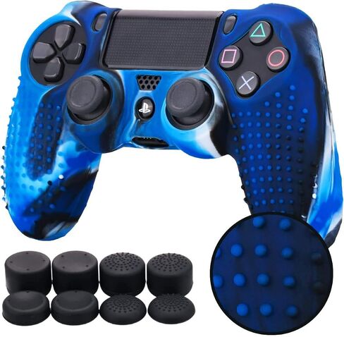YoRHa Studded Silicone Cover Skin Case for Sony PS4/slim/Pro Dualshock 4 Controller x 1(Camouflage Blue) with Pro Thumb Grips x 8 in Saudi Arabia