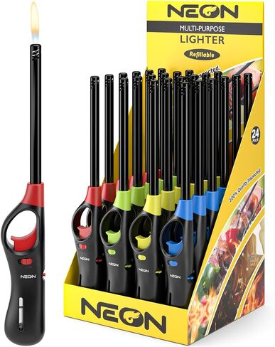 NEON Lighter, Refillable Butane Candle Lighter, 24 Pack Multi-Purpose Reusable Lighters with Long Metal Wand and Adjustable Soft Flame for BBQ, Grill, Stove, Camping, Hiking, Fireplaces, Kitchen in Kuwait