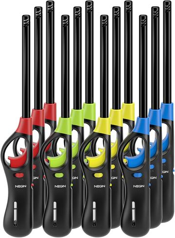 NEON Lighter, Refillable Butane Candle Lighter, 24 Pack Multi-Purpose Reusable Lighters with Long Metal Wand and Adjustable Soft Flame for BBQ, Grill, Stove, Camping, Hiking, Fireplaces, Kitchen in Kuwait
