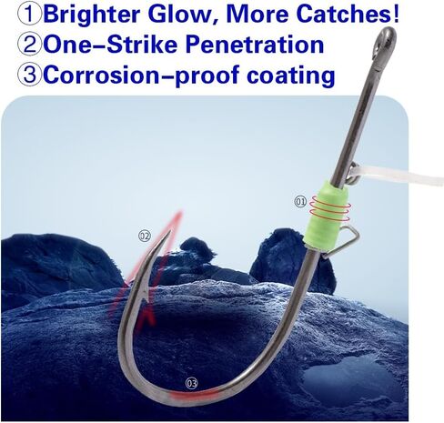 السنانير الروبيان الحية الفلورسنت: Teflon Hooks Rustproof لجميع المياه. حماية الطعم المباشر + أهداف حلقة المطاط الاحتياطية مجموعات ، snappers ، سمك السلور ، باس. خطافات شائكة قوية (3 أحجام). in Kuwait