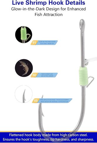 السنانير الروبيان الحية الفلورسنت: Teflon Hooks Rustproof لجميع المياه. حماية الطعم المباشر + أهداف حلقة المطاط الاحتياطية مجموعات ، snappers ، سمك السلور ، باس. خطافات شائكة قوية (3 أحجام). in Kuwait