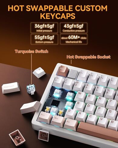 لوحات مفاتيح HI75CPRO الميكانيكية ، لوحة مفاتيح ألعاب RGB الخلفية BT5.0/2.4 جيجا هرتز/USB-C ، لوحة مفاتيح كريمية قابلة للتبديل مع مفاتيح PBT للكمبيوتر/Windows/iOS/Andriod-مفتاح الفيروز ، بني ، براون in Kuwait