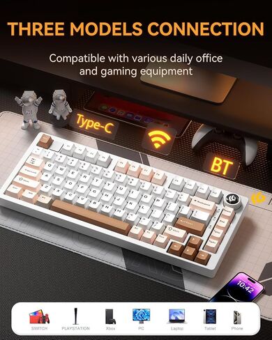 لوحات مفاتيح HI75CPRO الميكانيكية ، لوحة مفاتيح ألعاب RGB الخلفية BT5.0/2.4 جيجا هرتز/USB-C ، لوحة مفاتيح كريمية قابلة للتبديل مع مفاتيح PBT للكمبيوتر/Windows/iOS/Andriod-مفتاح الفيروز ، بني ، براون in Kuwait