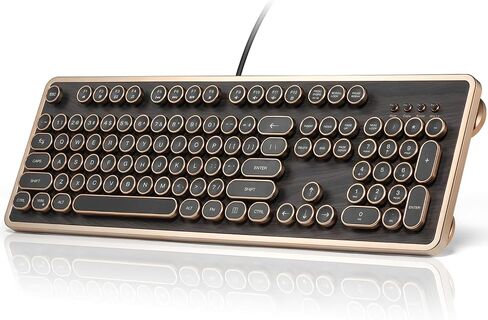RK104 Retro Mechanical Keyboard, Wired Full-Size 104 Keys with Typewriter Round Keycaps, Wooden Grain, N-Key Rollover, Green Linear Switches, QMK/VIA Programmable, Ideal for Retro Lovers in Saudi Arabia