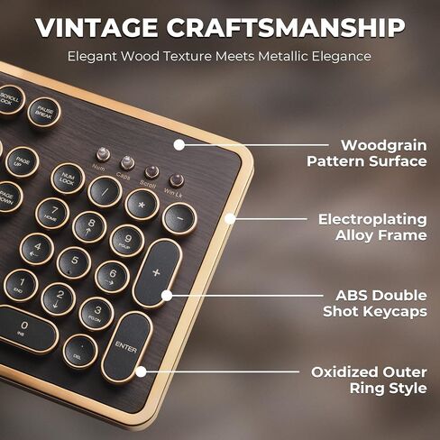 RK104 Retro Mechanical Keyboard, Wired Full-Size 104 Keys with Typewriter Round Keycaps, Wooden Grain, N-Key Rollover, Green Linear Switches, QMK/VIA Programmable, Ideal for Retro Lovers in Saudi Arabia