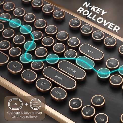 RK104 Retro Mechanical Keyboard, Wired Full-Size 104 Keys with Typewriter Round Keycaps, Wooden Grain, N-Key Rollover, Green Linear Switches, QMK/VIA Programmable, Ideal for Retro Lovers in Saudi Arabia