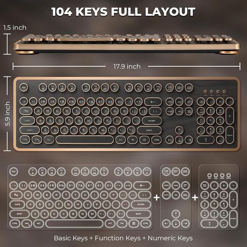 RK104 Retro Mechanical Keyboard, Wired Full-Size 104 Keys with Typewriter Round Keycaps, Wooden Grain, N-Key Rollover, Green Linear Switches, QMK/VIA Programmable, Ideal for Retro Lovers in Saudi Arabia