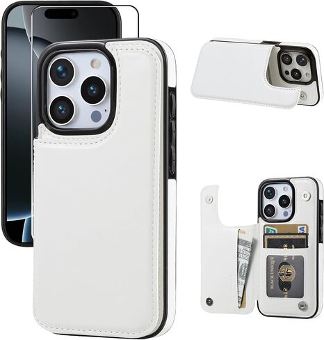 Wallet Case Compatible with iPhone 16 pro, Slim Protective case with Card Holder,Premium PU Leather Kickstand Card Slots Case with Double Magnetic Clasp for iPhone 16 pro 6.3“-White in Kuwait
