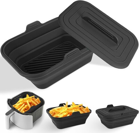 Silicone Air Fryer Liners Collapsible, 8.2 Inch Reusable Air Fryer Liners With lid-Long-lasting Freshness - Easy to Clean Air Fryers Pot for 5.8 to 8 Qt Baking Tray Oven Accessories, Black in Saudi Arabia