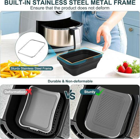 Silicone Air Fryer Liners Collapsible, 8.2 Inch Reusable Air Fryer Liners With lid-Long-lasting Freshness - Easy to Clean Air Fryers Pot for 5.8 to 8 Qt Baking Tray Oven Accessories, Black in Saudi Arabia