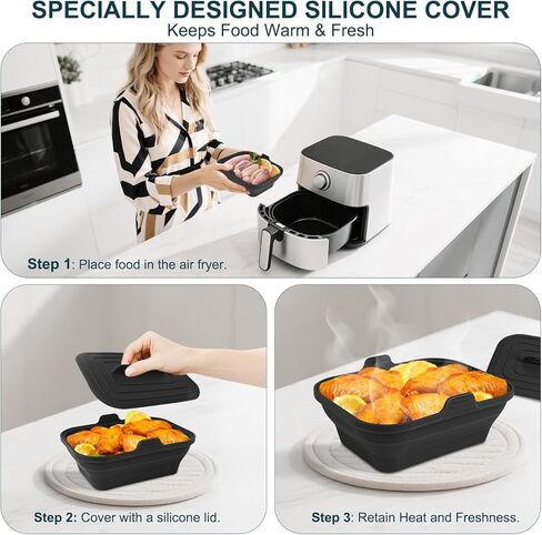 Silicone Air Fryer Liners Collapsible, 8.2 Inch Reusable Air Fryer Liners With lid-Long-lasting Freshness - Easy to Clean Air Fryers Pot for 5.8 to 8 Qt Baking Tray Oven Accessories, Black in Saudi Arabia