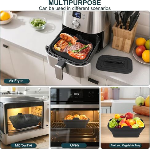 Silicone Air Fryer Liners Collapsible, 8.2 Inch Reusable Air Fryer Liners With lid-Long-lasting Freshness - Easy to Clean Air Fryers Pot for 5.8 to 8 Qt Baking Tray Oven Accessories, Black in Saudi Arabia