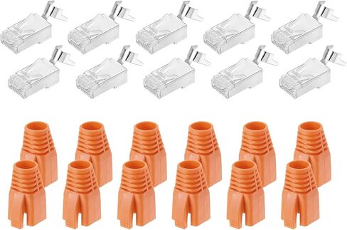 MECCANIXITY 10pcs CAT7 RJ45 Pass Through Connectors, RJ45 STP/FTP 8P8C Gold Plated Plugs with 10pcs Orange Strain Relief Boots and Cable Traverse for 23AWG Ethernet Cable in Kuwait