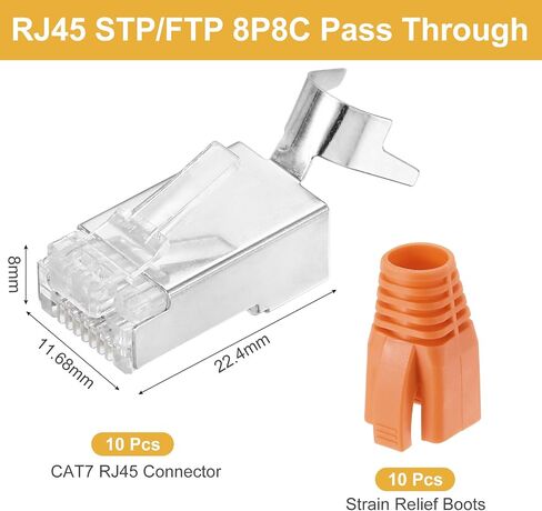 MECCANIXITY 10pcs CAT7 RJ45 Pass Through Connectors, RJ45 STP/FTP 8P8C Gold Plated Plugs with 10pcs Orange Strain Relief Boots and Cable Traverse for 23AWG Ethernet Cable in Kuwait