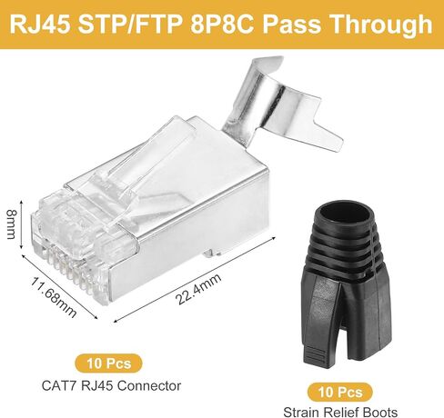 Meccanixity 10pcs Cat7 RJ45 تمر عبر الموصلات ، RJ45 STP/FTP 8P8C المقابس المطلية بالذهب مع أحذية تخفيف سلالة زرقاء 10pcs وتجرير الكابلات لكابل Ethernet 23AWG in Saudi Arabia