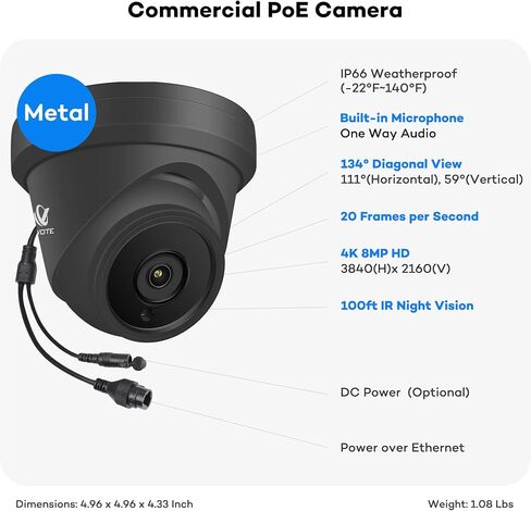 ONWOTE 4K 8MP UltraHD PoE IP Security Camera Turret, AI Human Vehicle Detection, 3840x2160 8 Megapixels, 128° Field of View, Video Audio, Indoor Outdoor, 100ft IR, Add-on Camera to PoE NVR System in Kuwait