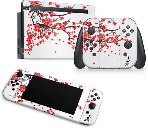 ZOOMHITSKINS Compatible with Switch Skin Cover Asia White Red Chinese Flowers Cherry Blossom Floral Botanic Leave 3M Vinyl Decal Sticker Wrap, Made in The USA in Saudi Arabia