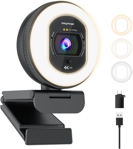 4K Webcam with Adjustable Lighting | TOF Autofocus, Dual Noise-Canceling Mics, Privacy Cover | 4K@30fps/1080p@60fps for Zoom, Skype, Teams & Streaming in Saudi Arabia