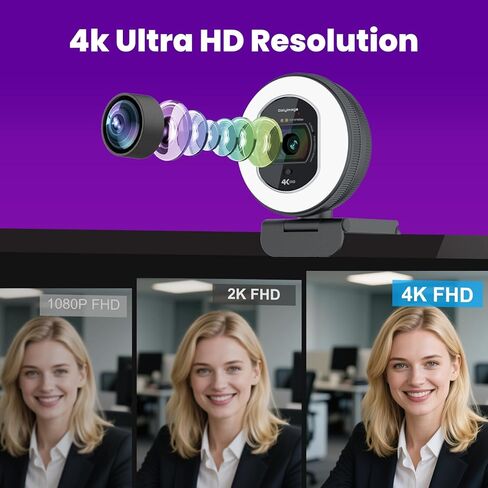 4K Webcam with Adjustable Lighting | TOF Autofocus, Dual Noise-Canceling Mics, Privacy Cover | 4K@30fps/1080p@60fps for Zoom, Skype, Teams & Streaming in Saudi Arabia