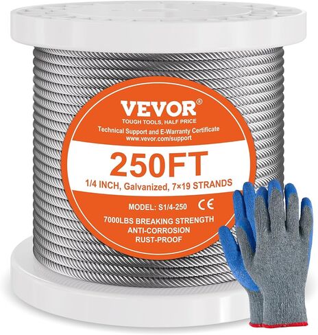 VEVOR 3/16 T304 كابل من الفولاذ المقاوم للصدأ 250FT، 3700 LBS قوة كسر نظام درابزين الكابلات سلك حبل مجموعة درابزين سطح الطائرة سلك السياج in Kuwait