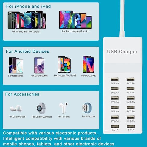 Multi Port USB Charging Station Corder Charger ، محطة شحن سريعة متعددة المنافذ ، متوافقة مع iPhone و Android هواتف Android والأجهزة اللوحية ومكبرات صوت Bluetooth - مضغوطة للمكتب المنزلي والسفر الأبيض in Saudi Arabia