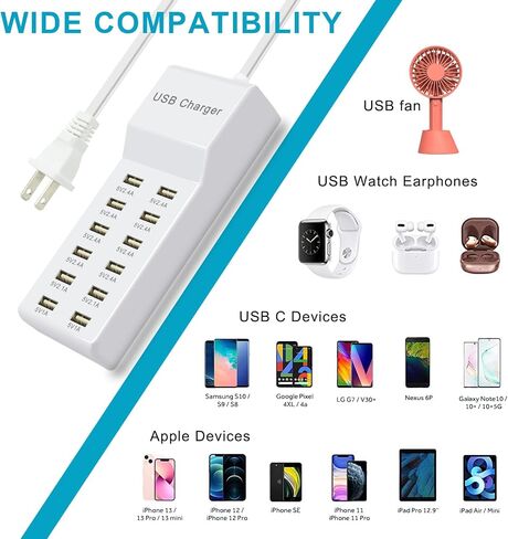Multi Port USB Charging Station Corder Charger ، محطة شحن سريعة متعددة المنافذ ، متوافقة مع iPhone و Android هواتف Android والأجهزة اللوحية ومكبرات صوت Bluetooth - مضغوطة للمكتب المنزلي والسفر الأبيض in Saudi Arabia