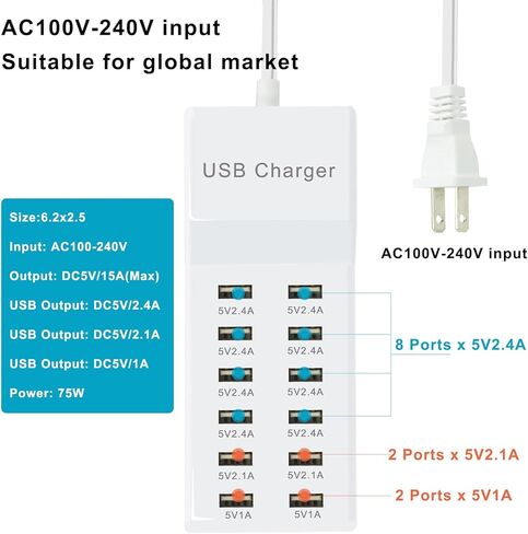 Multi Port USB Charging Station Corder Charger ، محطة شحن سريعة متعددة المنافذ ، متوافقة مع iPhone و Android هواتف Android والأجهزة اللوحية ومكبرات صوت Bluetooth - مضغوطة للمكتب المنزلي والسفر الأبيض in Saudi Arabia