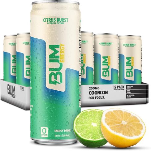 BUM Sugar-Free Energy Drink, Cherry Frost - Lightly Carbonated & No Artificial Colors, Natural Caffeine & Citicoline for Energy & Focus, Brain Boost & Workout Sports Beverage - 12 oz, Pack of 12 in Saudi Arabia