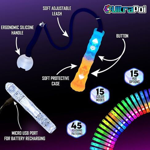 مجموعة UltraPoi HelixPoi Pro - Helix Poi Pro مع مقابض LED UltraKnob Pro - أكثر من 40 نمطًا ونمطًا من الألوان - مصابيح Poi LED قابلة لإعادة الشحن عبر USB مع حافظات متينة ناعمة ومقاود قابلة للتعديل - لعبة دوارة لفنون التدفق in Kuwait
