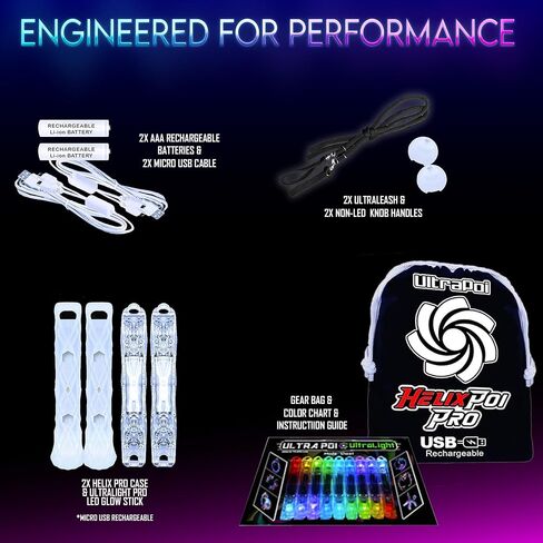 مجموعة UltraPoi HelixPoi Pro - Helix Poi Pro مع مقابض LED UltraKnob Pro - أكثر من 40 نمطًا ونمطًا من الألوان - مصابيح Poi LED قابلة لإعادة الشحن عبر USB مع حافظات متينة ناعمة ومقاود قابلة للتعديل - لعبة دوارة لفنون التدفق in Kuwait
