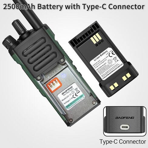 Baofeng DM32 UV32 بطارية بديلة بديلة عالية السعة مع كابل شحن USB-C لراديو HAM متوافق مع DM-32UV UV-32 Series ثنائية الاتجاه accessiory ، 2pack in Kuwait