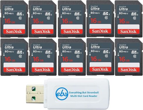 SanDisk 16 GB Class 10 SD HC Ultra Flash Memory Card (10 Pack) (SDSDUNS-016G-GN3IN) Class 10 UHS-I Bundle with (1) Everything But Stromboli MicroSDXC & SD Card Reader in Saudi Arabia