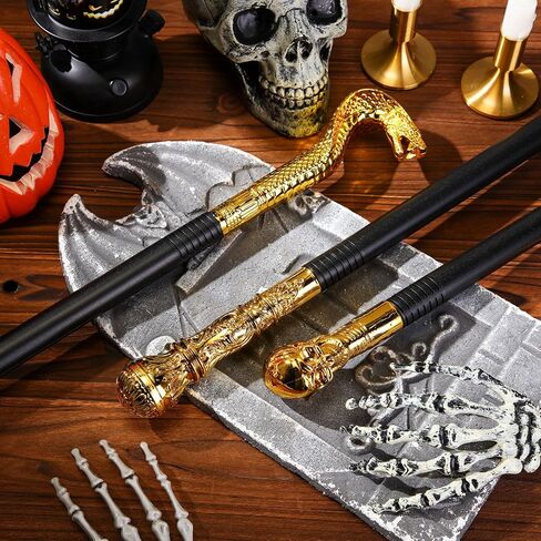 Chivao 3 قطع من عصا الكوبرا المصرية للهالوين على شكل جمجمة عصا عتيقة للمشي باللون الذهبي والفضي والقواد قصب الفرعون الأفعى الصولجان الملك للبالغين والنساء والرجال والإكسسوارات التنكرية in Kuwait