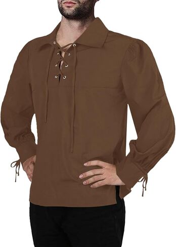 Karlywindow Men's Medieval Pirate Shirts Lace Up Stand Collar Wide Cuff Halloween Costume Shirt Tops in Kuwait