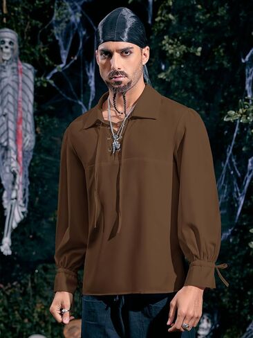 Karlywindow Men's Medieval Pirate Shirts Lace Up Stand Collar Wide Cuff Halloween Costume Shirt Tops in Kuwait