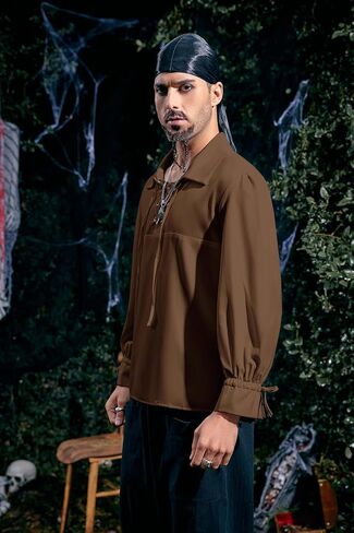 Karlywindow Men's Medieval Pirate Shirts Lace Up Stand Collar Wide Cuff Halloween Costume Shirt Tops in Kuwait
