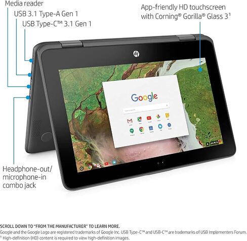 HP Chromebook 11 × 360 2-in-1 11.6 بوصة (1366x768) شاشة تعمل باللمس ، Celeron Dual-Core N3350 ، 32GB SSD ، 4GB ، Bluetooth ، WebCam Chrome OS (رمادي) (متجدد) in Saudi Arabia