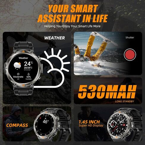 الساعات الذكية العسكرية للرجال GPS المدمج مع Compass LED Flashlight ، ساعة ذكية تكتيكية مقاومة للماء 3ATM مع نص ومكالمات ، 1.45 "HD Tracker مع HR SPO2 Monitor for iPhone Android in Saudi Arabia