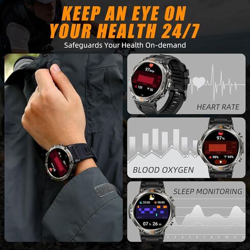 الساعات الذكية العسكرية للرجال GPS المدمج مع Compass LED Flashlight ، ساعة ذكية تكتيكية مقاومة للماء 3ATM مع نص ومكالمات ، 1.45 "HD Tracker مع HR SPO2 Monitor for iPhone Android in Saudi Arabia