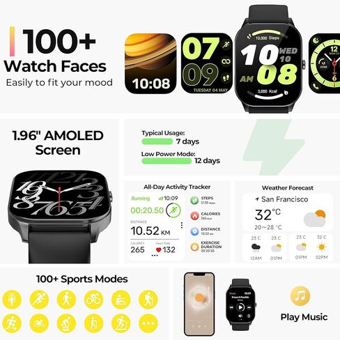 Smart Watch(Answer/Make Call), 1.83'' HD Smart Watches for Men Women, IP68 Waterproof Fitness Tracker with 24/7 Heart Rate/SpO2/ Sleep Monitor, Step Counter Pedometer for Android iOS (Black) in Kuwait
